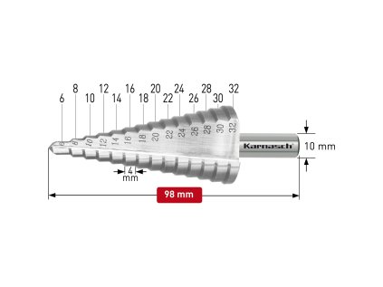 213032 | HSS-XE Stufenbohrer, Durchmesser 6-32 mm, CBN geschliffen, gerade genutet mit Kreuzanschliff, 2 Schneiden