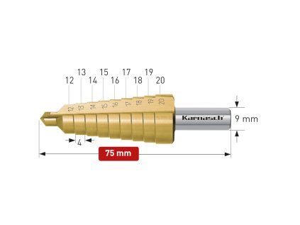 213009 | HSS-XE + TiN-GOLD beschichteter Stufenbohrer, Durchmesser 12-20 mm, CBN geschliffen, 2 Schneiden