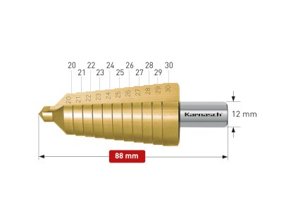 213010 | HSS-XE + TiN-GOLD beschichteter Stufenbohrer, Durchmesser 20-30 mm, CBN geschliffen, 2 Schneiden