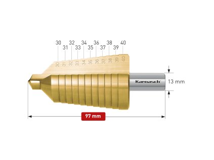 213011 | HSS-XE + TiN-GOLD beschichteter Stufenbohrer, Durchmesser 30-40 mm, CBN geschliffen, 2 Schneiden