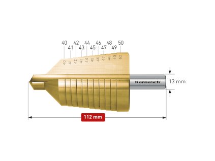 213020 | HSS-XE + TiN-GOLD beschichteter Stufenbohrer, Durchmesser 40-50 mm, CBN geschliffen, 2 Schneiden