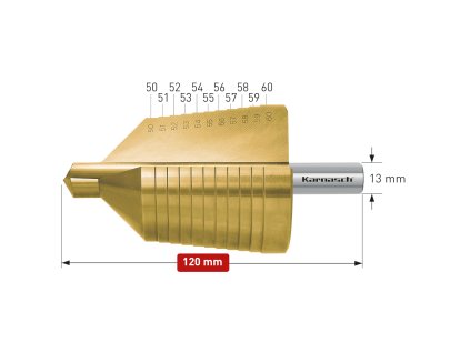 213021 | HSS-XE + TiN-GOLD beschichteter Stufenbohrer, Durchmesser 50-60 mm, CBN geschliffen, 2 Schneiden