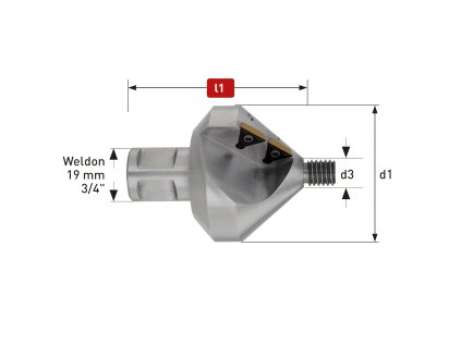 Kegelsenker 82 Grad mit Weldonschaft + auswechselbare Hartmetallplatten + Führungsstifte, 2-Schneiden, 4 Einsätze