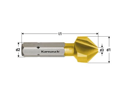 403010060 | HSS-XE + TiN beschichteter Kegelsenker, Ungleichteilung, DIN 335 Form C 90° mit Bitaufnahme „kurz“ 20,5x3,5-41x6,35 mm