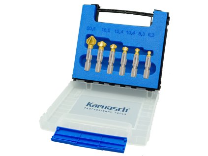 403095020 | Set HSS-XE + TiN beschichteter Kegelsenker, Ungleichteilung, DIN 335 Form C 90° mit Bitaufnahme „lang“ 6,3-8,3-10,4-12,4-16,5-20,5 mm