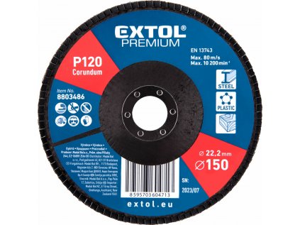8803486 | Kotúč lamelový šikmý korundový 150x22,2 mm, P120, EXTOL PREMIUM