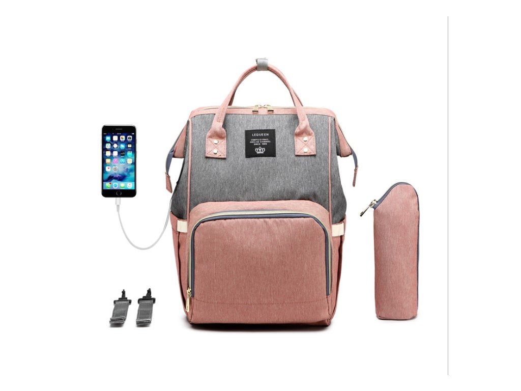 Multifunkční batoh na kočárek se zabudovaným USB portem - Šedo Růžový