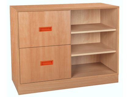 Skříňka kombinovaná se zásuvkami a policemi, se soklem