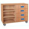Skříňka kombinovaná se zásuvkami a policemi, s kolečky