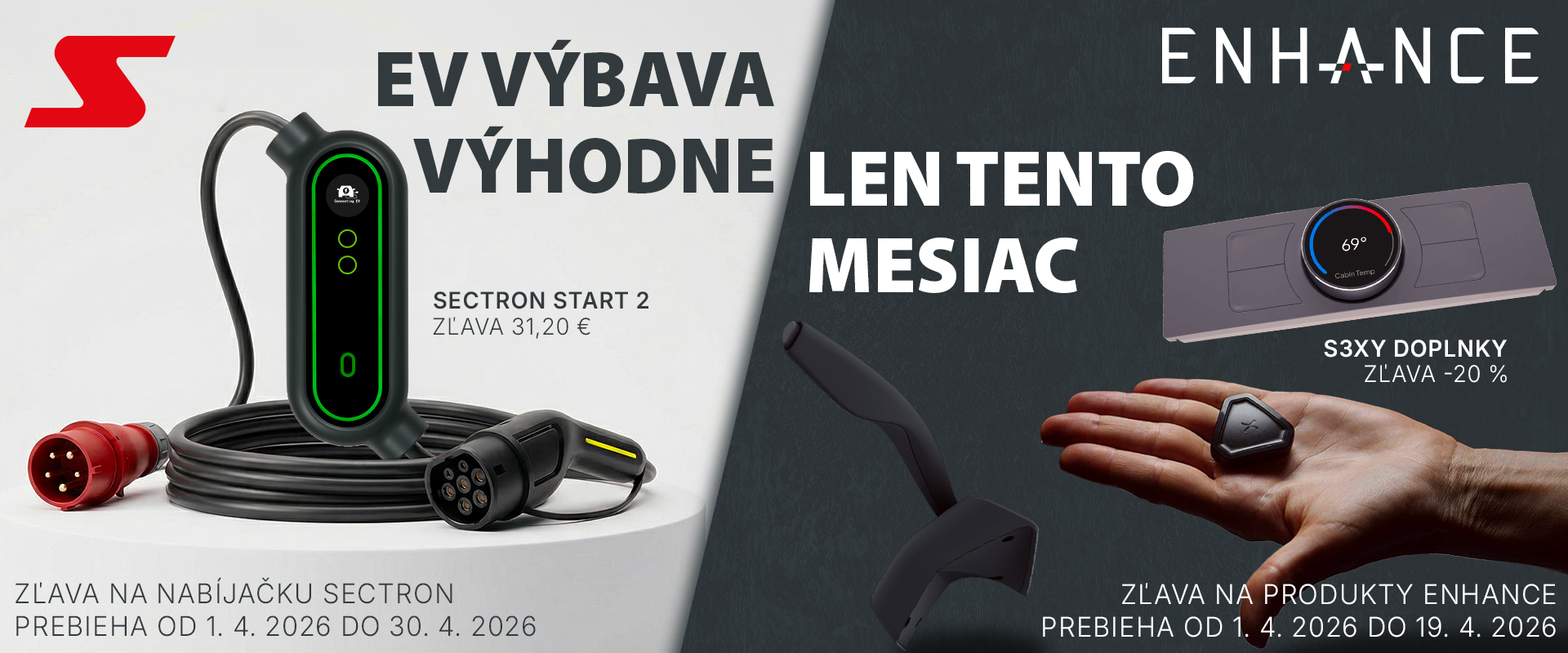 Reklamný banner s akciou na výbavu pre elektromobily. Vľavo je prenosná nabíjačka SECTRON START 2 a vpravo sú S3XY doplnky ENHANCE so zľavou 20 %.