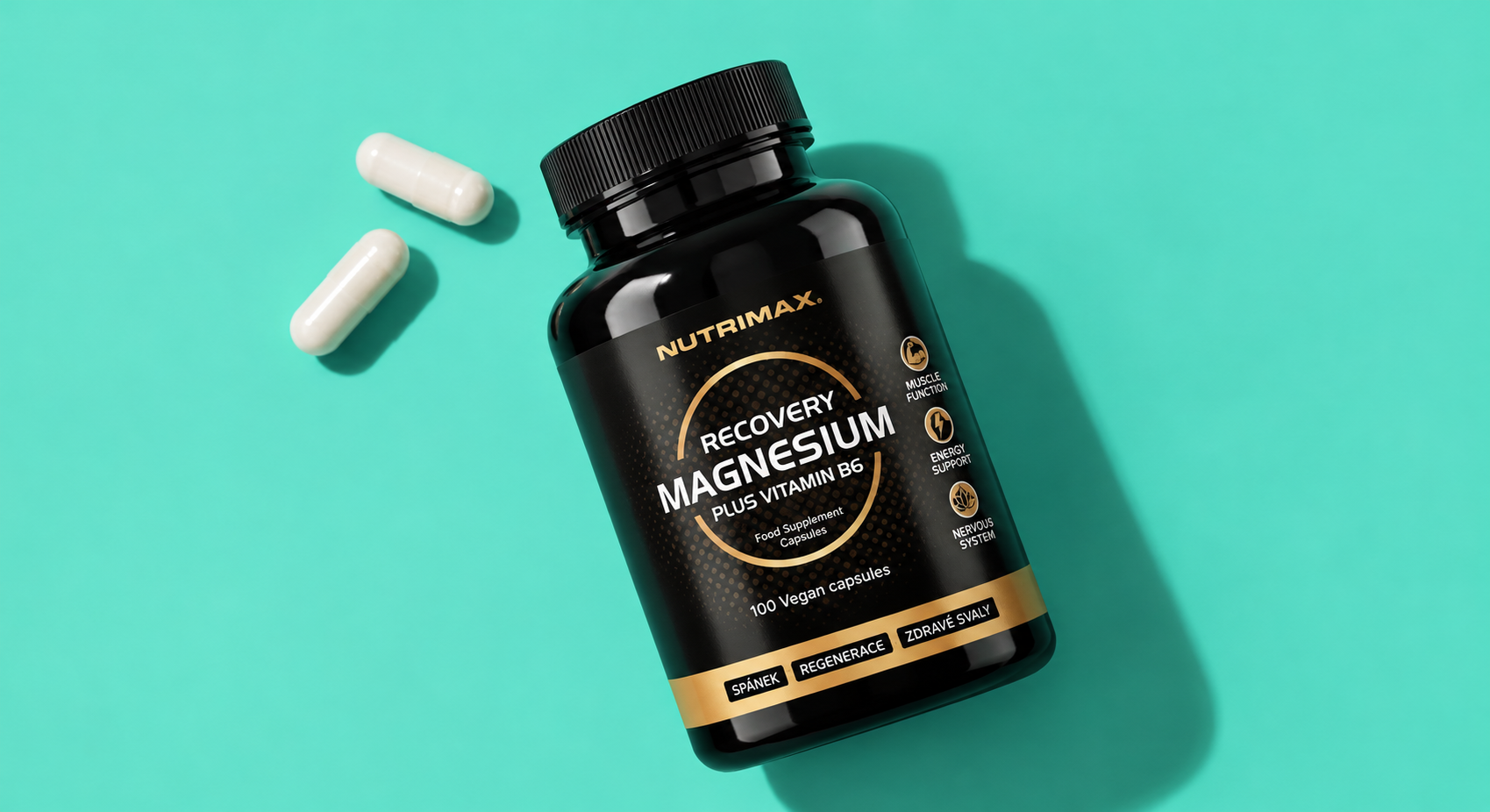 NutriMax Recovery Magnesium na tyrkysovém pozadí