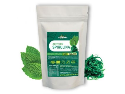 Activ Bio Spirulina 150 g - Spirulina s mátou je výživný doplněk stravy bohatý na živiny, jako jsou vitamíny, minerály, aminokyseliny a antioxidanty