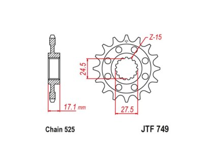 reťazové koleso pre sekundárne reťaze typu 525, JT (15 zubov)