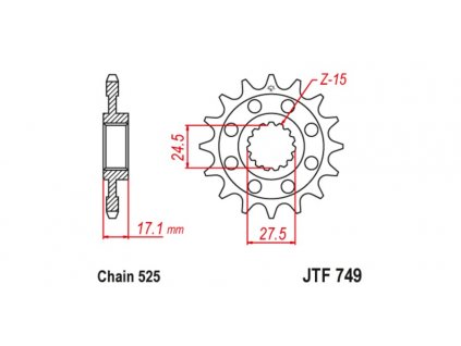 řetězové kolečko pro sekundární řetězy typu 525, JT (15 zubů)
