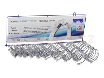 stojan vybavený neperforovanými hadicovými svorkami typ W1 10x10 ks NORMACLAMP TORRO - výroba Nemecko