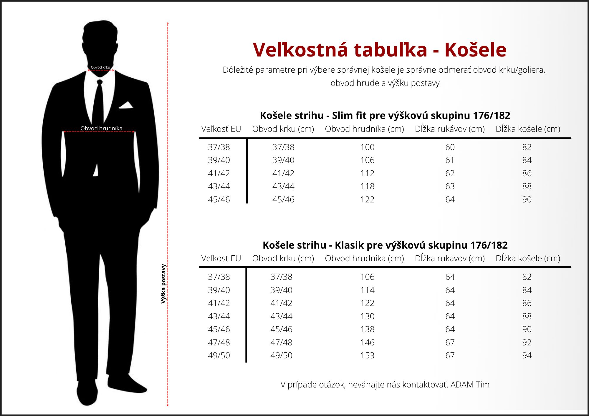 Veľkostné tabuľky pre Košele