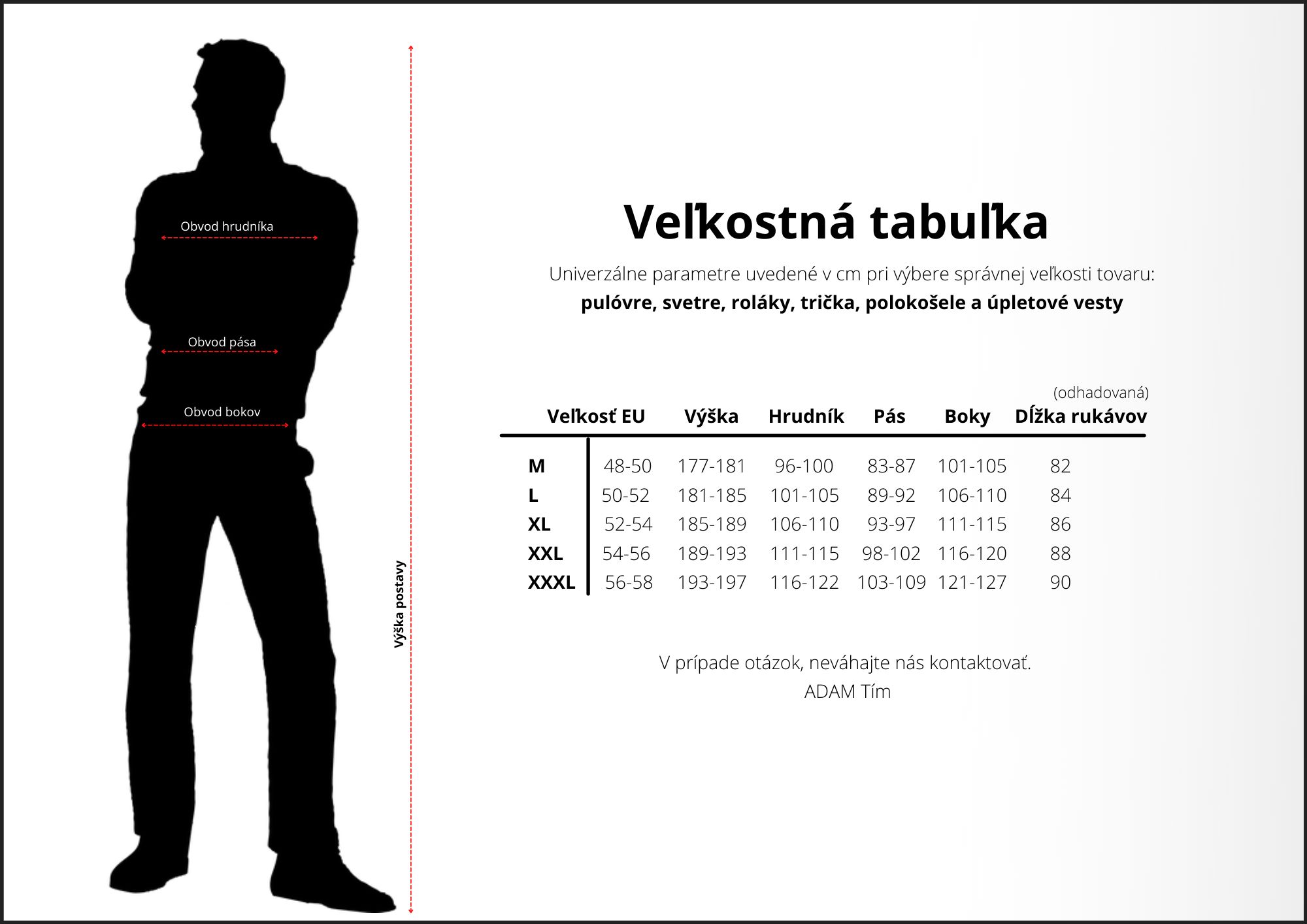 Veľkostné tabuľky pre Pulóvre, svetre, roláky, tričká, polokošele a úpletové vesty