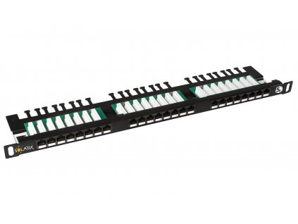 Patch panel Solarix 24xRJ45 CAT5E UTP s vyvazovací lištou černý 0,5U