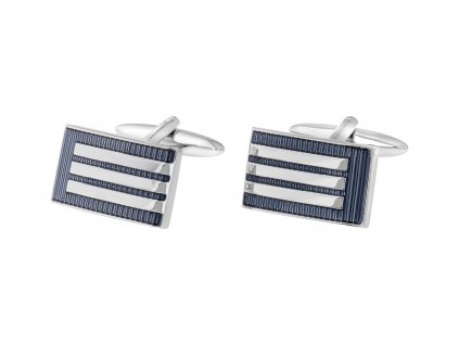 Tmavě modré manžetové knoflíčky ve tvaru obdélníku s třemi stříbrnými proužky
