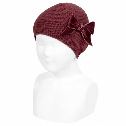 garter stitch knit hat with big velvet bow garnet