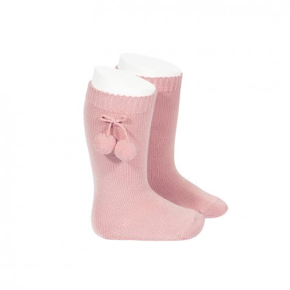 warm cotton knee high socks with pompoms pale pink