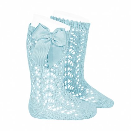 cotton openwork knee high socks with bow aquamarine