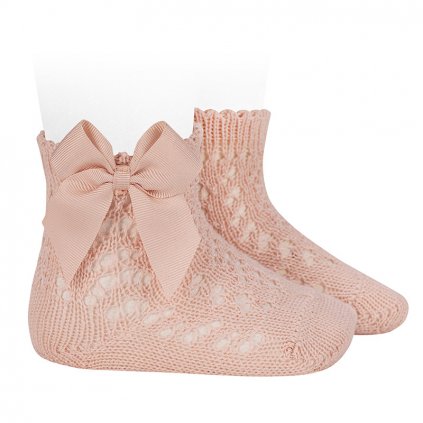 cotton openwork short socks with bow nude
