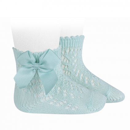 cotton openwork short socks with bow aquamarine
