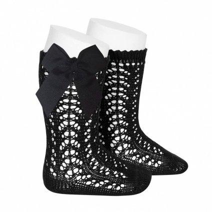 cotton openwork knee high socks with bow black