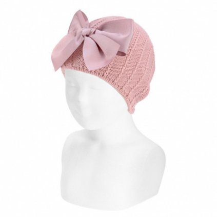 garter stitch knit hat giant bow pale pink