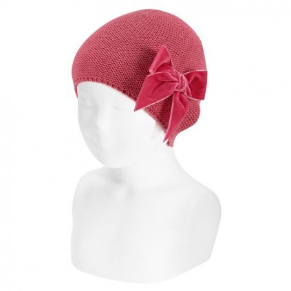 garter stitch knit hat with big velvet bow carmine