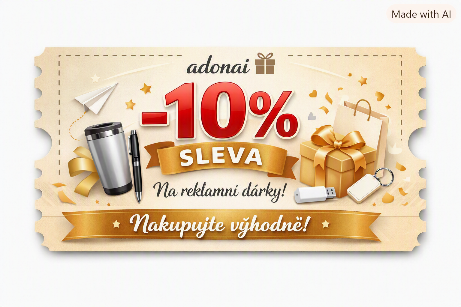 Sleva 10 % na nákup reklamních předmětů nad 15 000 Kč/ bez DPH( sleva se nevztahuje na tiskové a ostatní služby)
