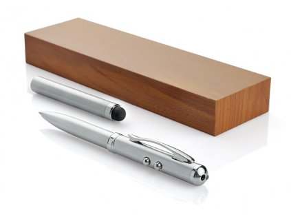 B19461|Laserové ukazovátko|Dotykové kovové pero se svítilnou|V dárkové krabičce ze dřeva|Reklamní gravírování|Stříbrná
