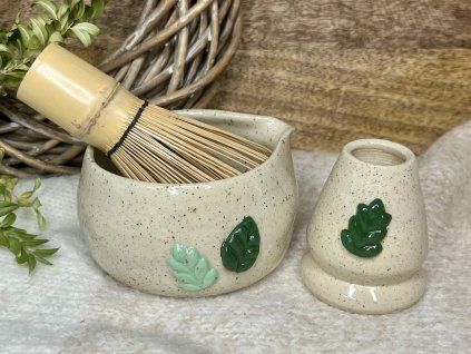 Keramický matcha set FOLIAGE (miska, stojánek)