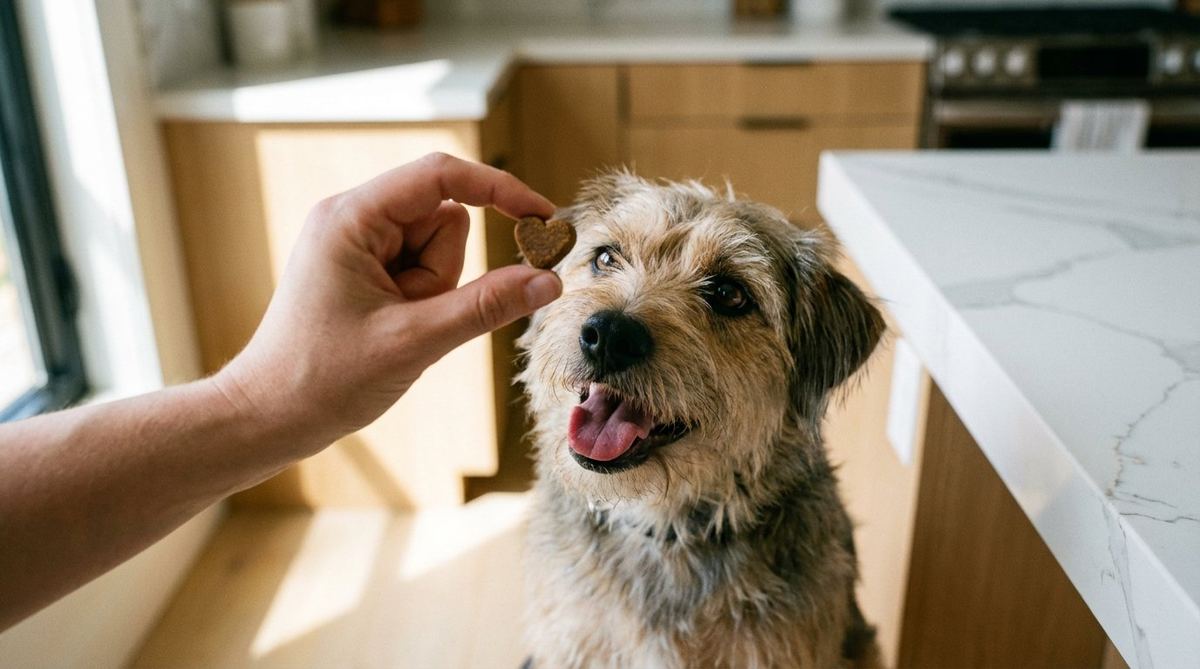 Jednoduché podávanie Senior Combo — pes berie tabletu ako pamlsok