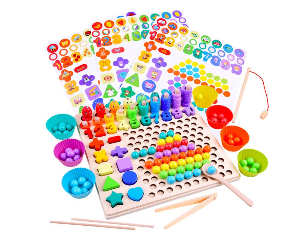 Fából készült oktatási Montessori készlet számokkal és golyókkal