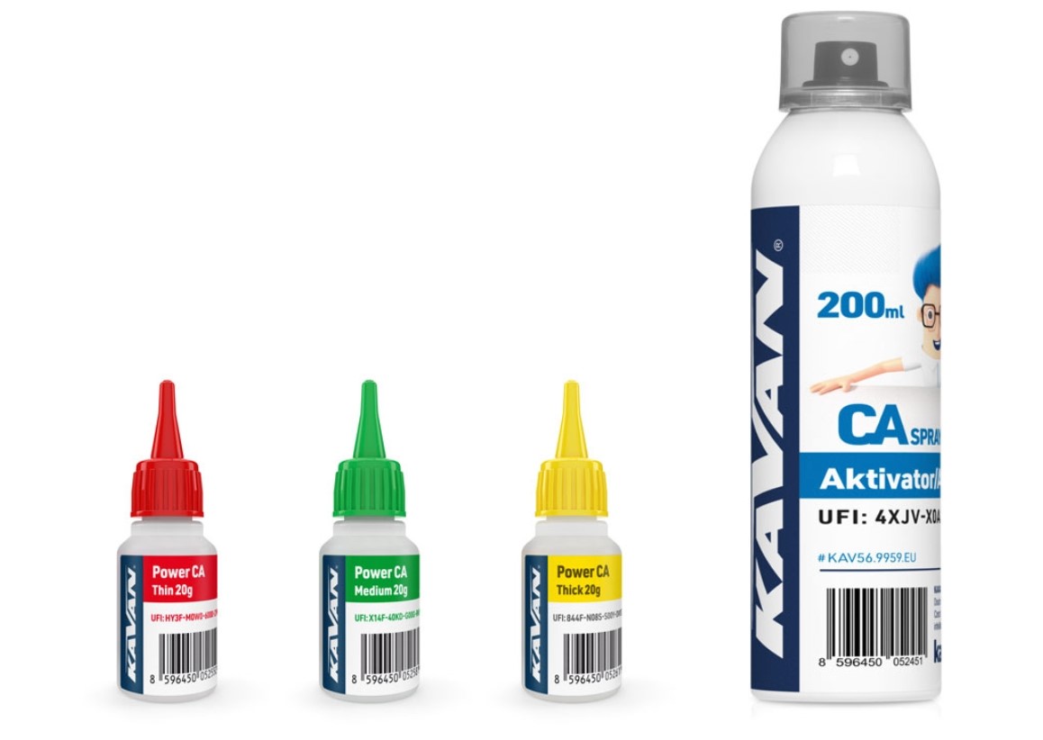 KAVAN: POWER CA ragasztó készlet 3x20g (Ø, S, H) + aktivátor 200ml (EN)