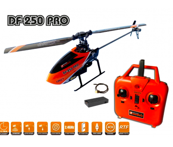 DF model DF-250 PRO egyrotoros, 4 csatornás helikopter barométerrel, FLYBARLESS, RTF