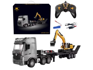 Huina: RC Nákladné auto s prívesom, diaľkovo ovládané bager, svetlá, zvuk, 1:18