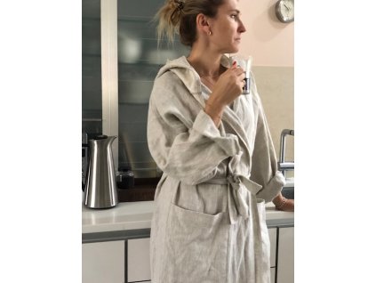 Lněný oversized plášť/ župan s kapucí UNISEX - Oatmeal