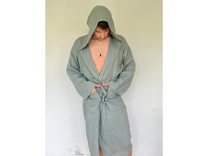 Lněný oversized plášť/ župan s kapucí UNISEX - Šedo zelená