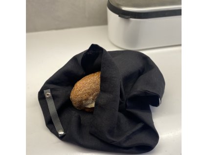 Lněný vak na chleba / sáček na pečivo s koženým poutkem - Černá (Black)