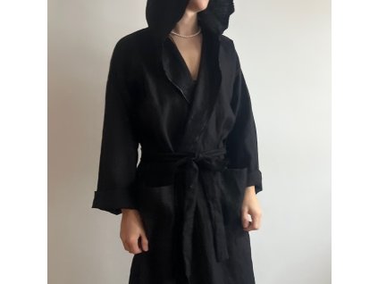 Lněný oversized plášť/ župan s kapucí UNISEX - Černá