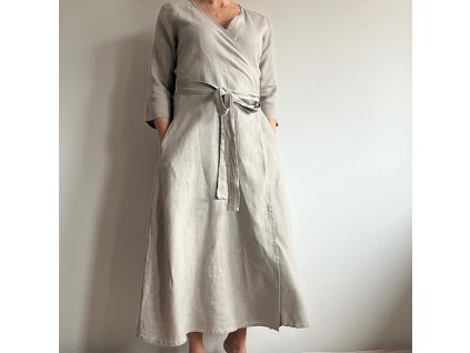 Zavinovací dlouhé lněné šaty s rukávem - 100% len, gramáž 245g/m2 - Natural
