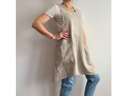 Lněná zástěra šatová s kapsami Olivia - Natural