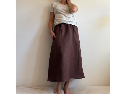 Lněná sukně s kapsami do půli lýtek - Hnědá