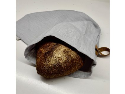 Lněný vak na chleba / sáček na pečivo s koženým poutkem - Světle šedá (Grey)