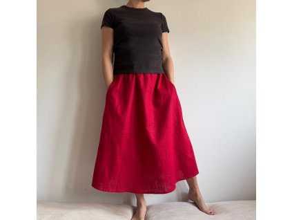 Lněná sukně s kapsami do půli lýtek - Červená