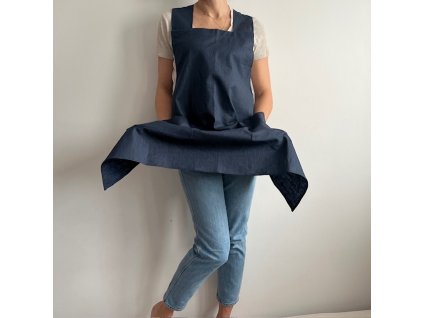 Lněná šatová zástěra s kapsami OLIVIA - se zátěrem - Modrá (Navy Blue)