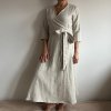 Zavinovací dlouhé lněné šaty s rukávem - 100% len, gramáž 245g/m2 - Oatmeal
